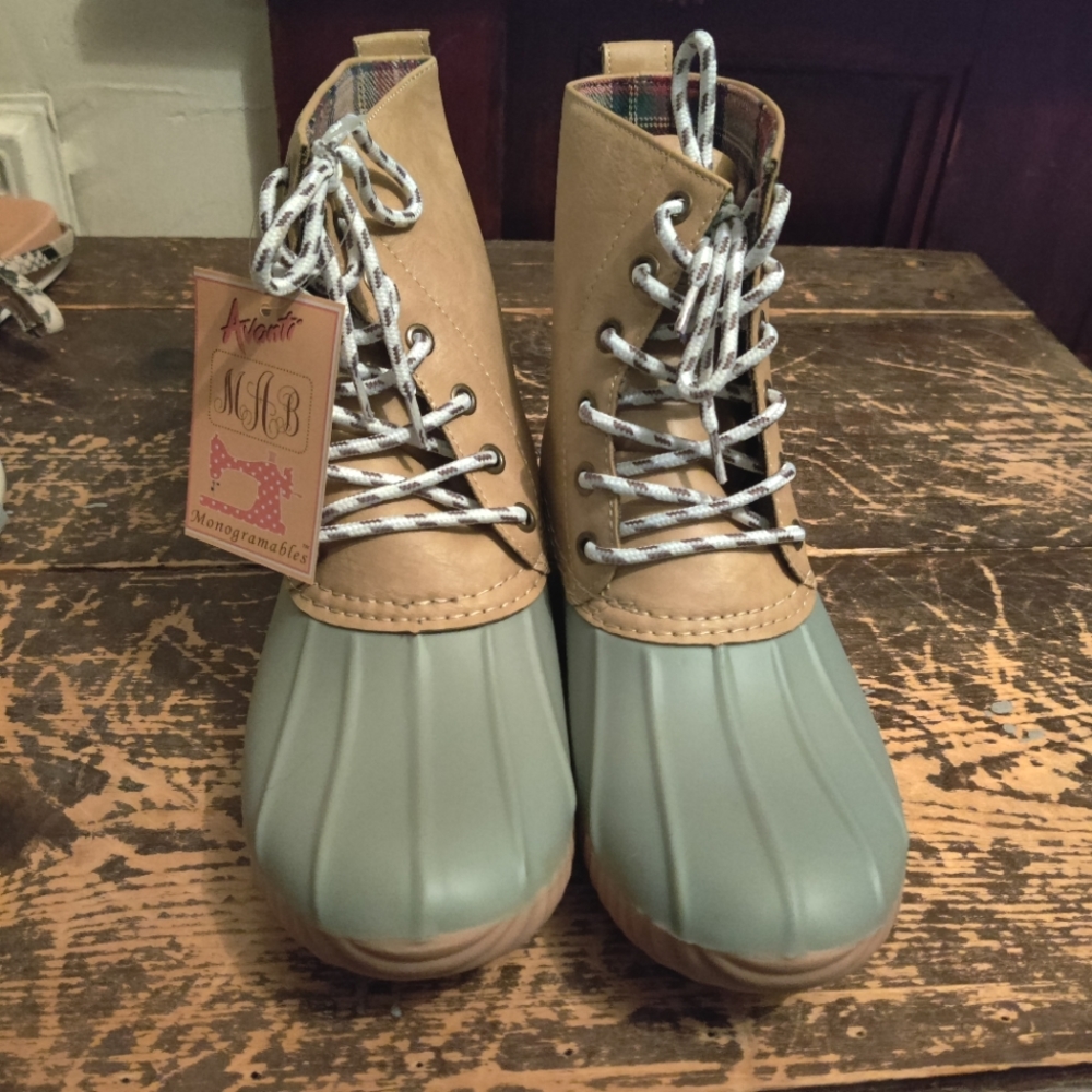 NWT Sage and Tan Duck Boots